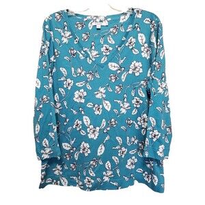 Chico’s Teal 100% Pima Cotton Floral Print V-Neck 3/4 Sleeve Top Size 3 (XL)